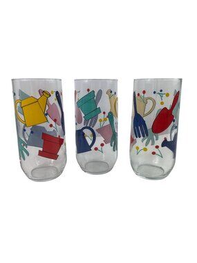 Luminarc Vintage Gardening Tools Glass Tumblers Set Of 3 Colorful